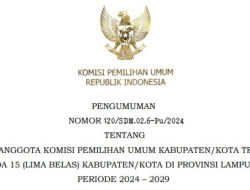  KPU RI Umumkan Anggota Komisi Pemilihan Umum Kabupaten/Kota Terpilih Pada 15 Kabupaten/Kota di Provinsi Lampung Periode 2024 – 2029